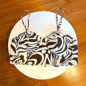 White and Brown Denim Zip-up Bralette Crop Top | Size: Large
